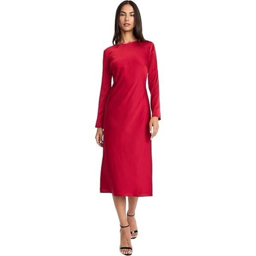 Donna Morgan Maggy Long Sleeve Silky Midi Dress Red US‎ 6 Holiday Cocktail Party